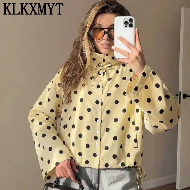 

Женская стильная повседневная куртка в стиле High Street, модная куртка с длинными рукавами в горошек, однобортное короткое пальто с высоким воротником ﻿