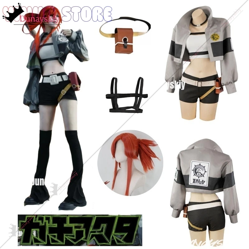 

GACHIAKUTA Riyo Reaper с длинными грязными красными волосами, завязанными в боковой петлей с толстым костюмом для косплея, полный костюм в стиле аниме