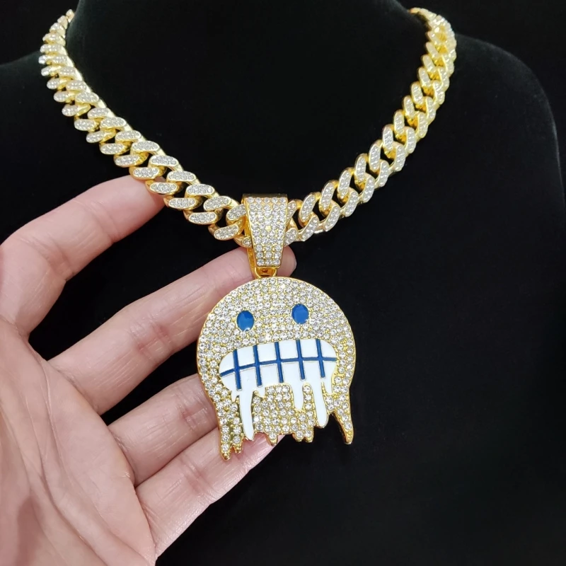 Men Women Hip hop Iced out Bling Emoji Shape Pendant Necklace 13mm Width Cuban Chain Hiphop Necklaces fashion Charm jewelry
