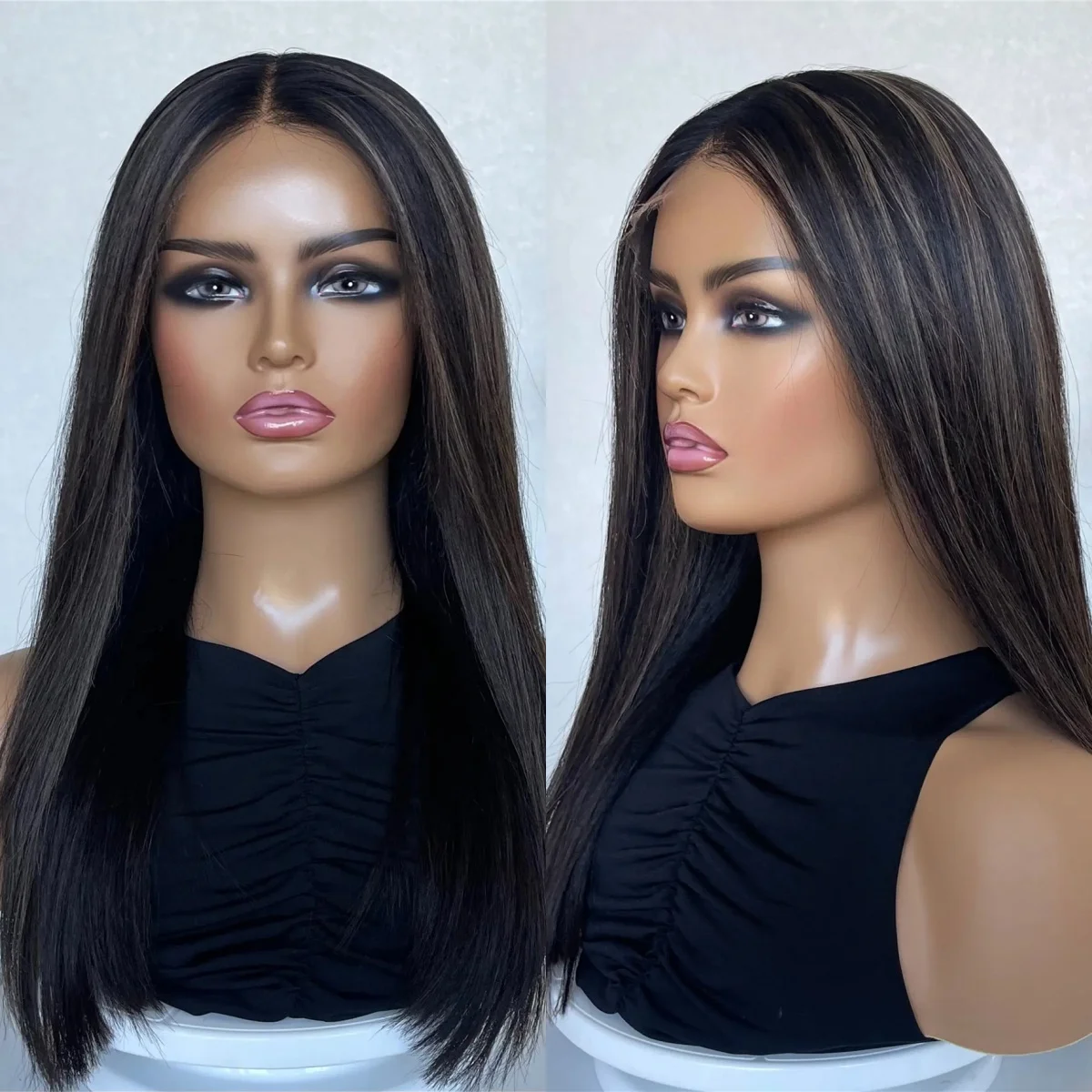 

Темные парики с пепельными прядями, 18 дюймов, натуральные прямые, безклеевые, из синтетического термостойкого волокна, для женщин, хит продаж