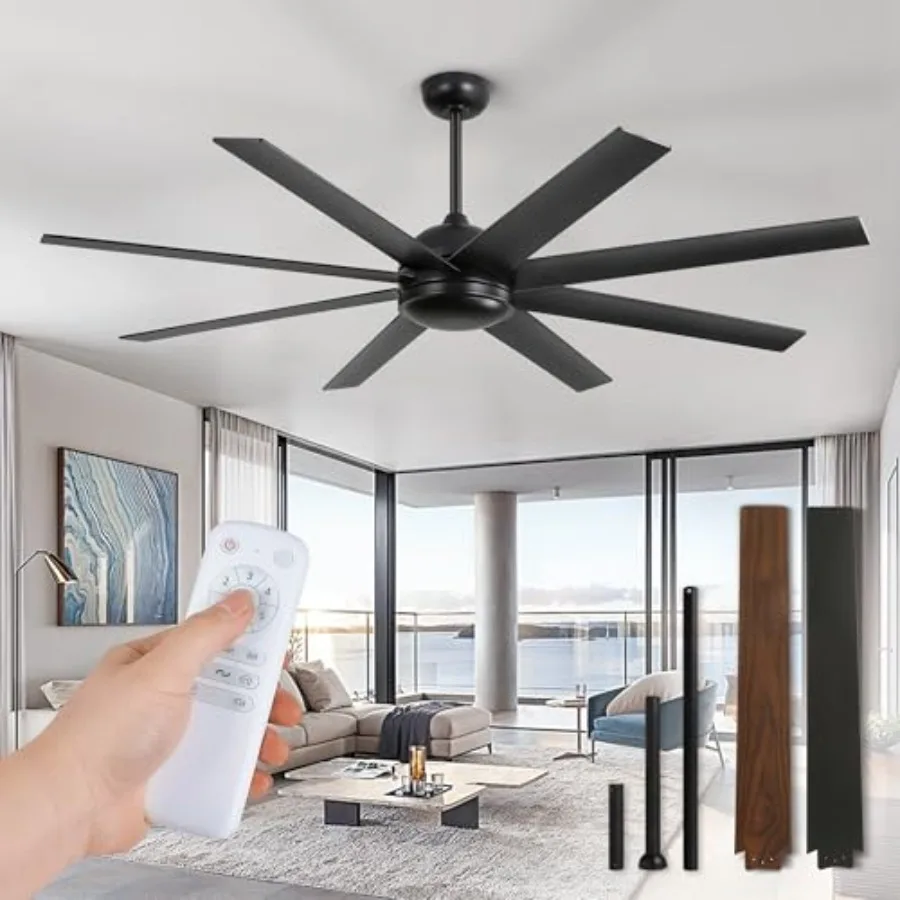 65 Inch Ceiling Fan for Living Room Bedroom Patio, Black Metal, Quiet Reversible DC Motor, 6 Speeds, 8 Blades, No Light, with R