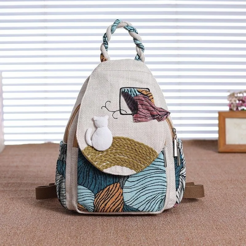 Ethnic Style Versatile Backpack Canvas Multi compartment Cat Cloth Bag Women\'s Bag Zipper Bag Lightweight Cloth Bag