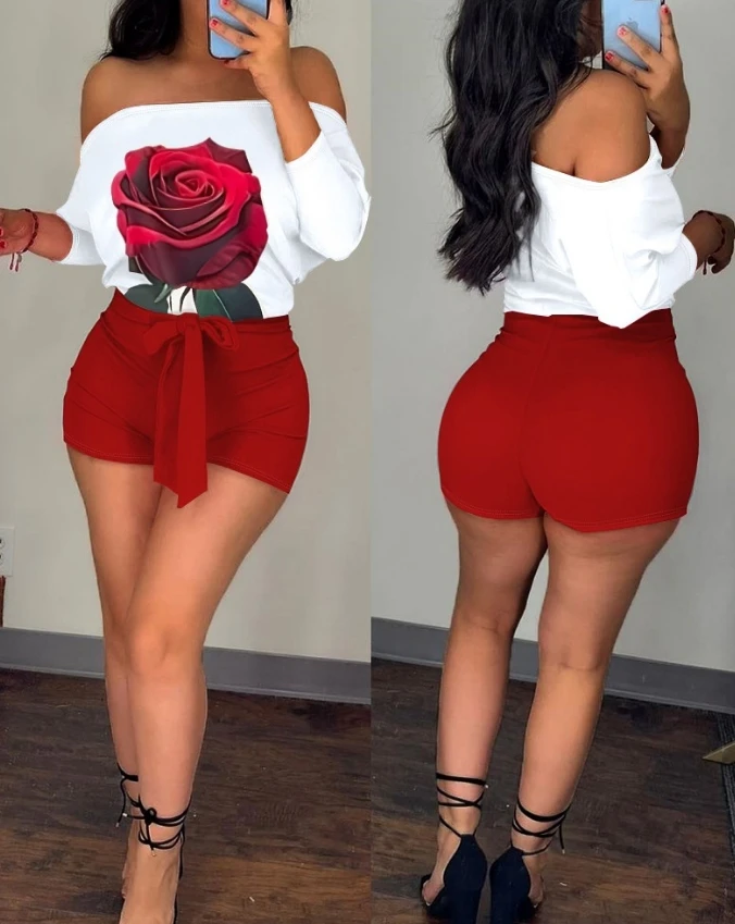 

Women's Rompers Elegant Casual Rose Floral Print Off Shoulder Batwing Long Sleeve Tied Detail High Waist Skinny Shorts Romper