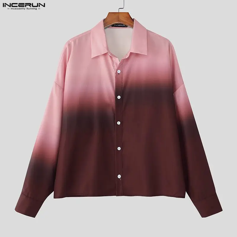 INCERUN الرجال قميص التعادل صبغ التدرج التلبيب كم طويل الرجال الملابس فضفاضة الشارع الشهير الكورية نمط موضة بلايز عادية الذكور القمصان