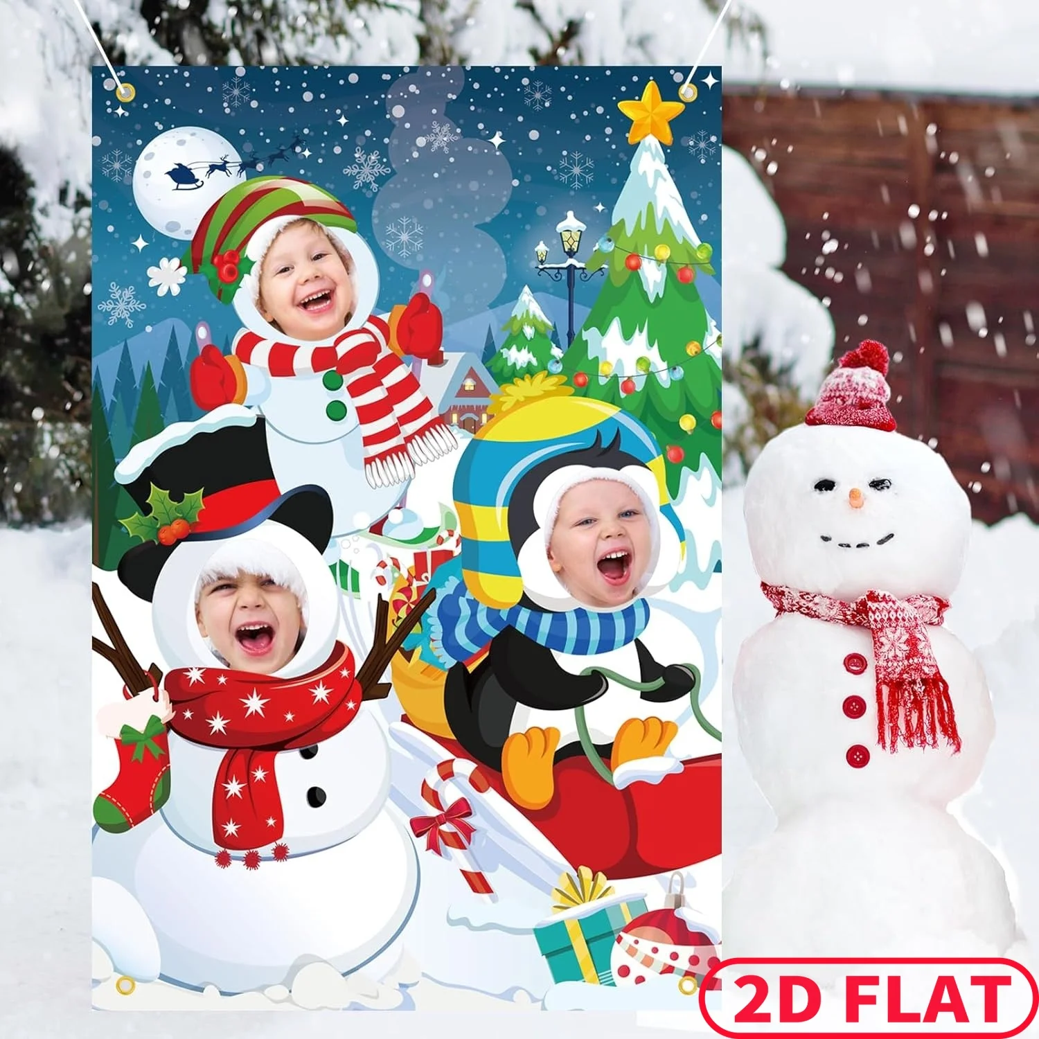 1pc Snowman Penguin Party Banner, Christmas Face in Hole Photo Door Cover, 39x59 Inch, Durable Polyester Fabric, Christmas Pho