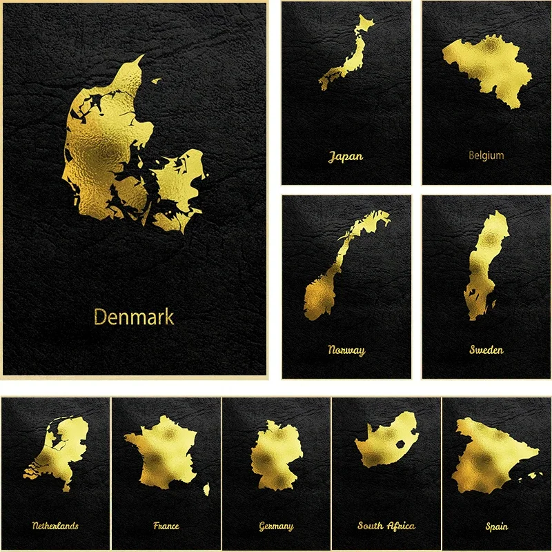 Vintage minimalist ische goldene Karte Poster Leinwand Malerei Japan Spanien Land Wand kunst Bild für moderne Wohnzimmer Home Decorati