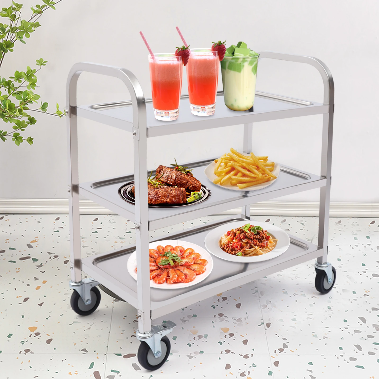 3 Shelves Kitchen Trolley Stainless Steel Service Trolley Rust-resistant Food Trolley with Brake Large Storage Space