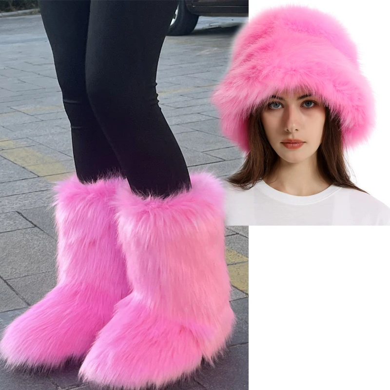 Female Winter Creative Fur Plush Snow Boots Long Tube Imitation Fox Fur Cotton Boots Women Colorful Fur Fisherman Hat Warm Set