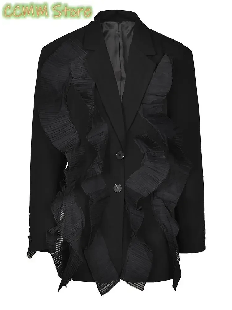 

Women Black Ruffles Elegant Big Size Blazer Lapel Long Sleeve Loose Fit Jacket Fashion Spring Autumn