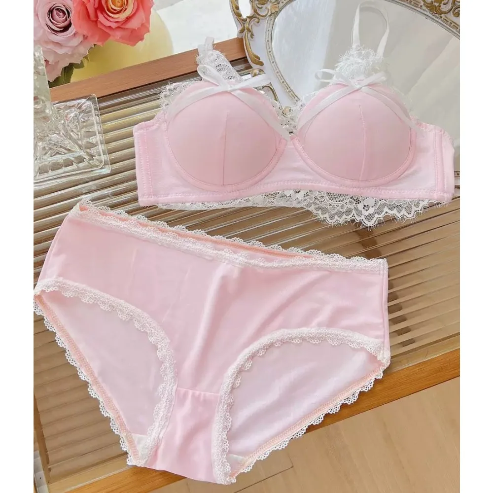 Japanese Sweet Lace Bra Set Wireless Push Up for Small Bust Cute Bow Lingerie Side Support Collect Underarm Fat Ladies Intimates