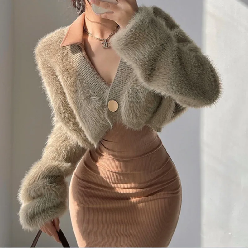 

Корейские модные свитера с v-образным вырезом и длинным рукавом, однотонные пушистые вязаные укороченные топы, дизайн, универсальный кардиган, свободная женская одежда, новинка