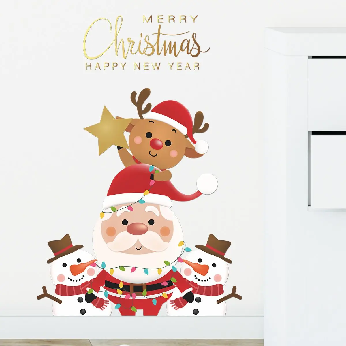 Cartoon Happy New Year 2022 Xmas Santa Claus Elk Oranments Wall Stickers Window Decals Door Posters