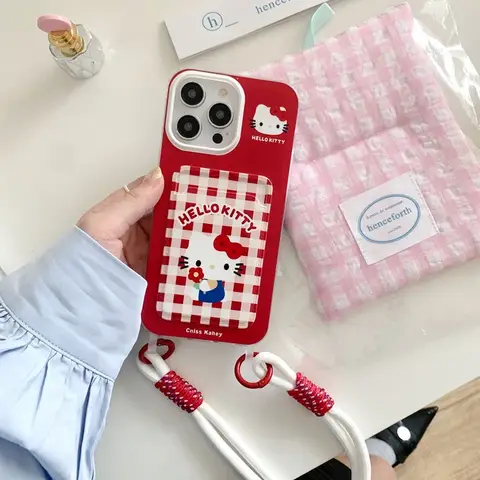 iPhone 16 15 Pro Max 14 Plus 11 12 Mini 13Pro X XS XR 7 8 SE के लिए Kawaii Kitty फैमिली कार्ड होल्डर कार्टून फ़ोन केस लैनयार्ड के साथ 8 best sales कास्टिफाई फोन केस - №1