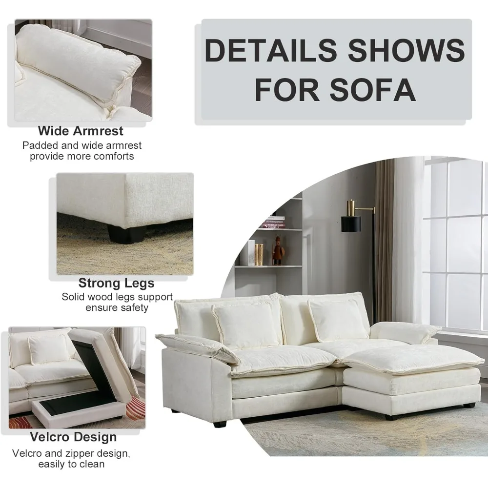 Sectional Sofa Couch,Modern Chenille Sofa Sleeper Deep Seat Couches with Ottoman/Pillows for Living Room,White，Living Room Sofas