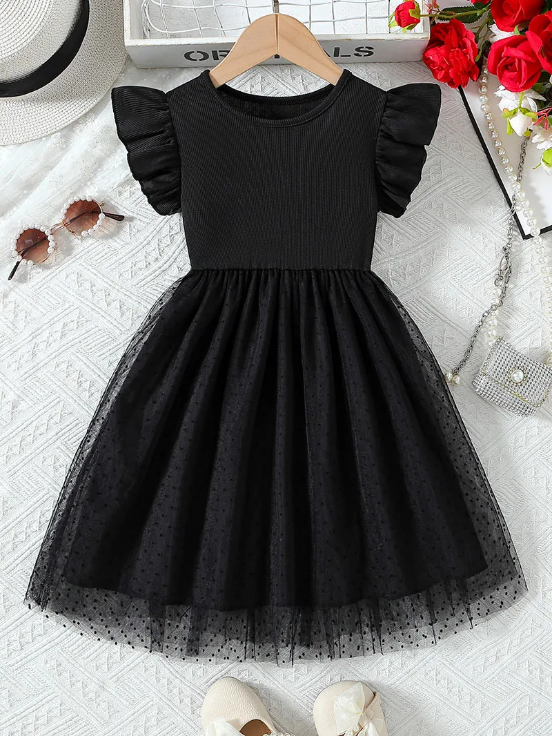 Summer Girls' Mesh Dress 1-6Y Children's Dress Girls Solid Color Short Sleeve Polka Dot Princess Dress Kid's Clothes