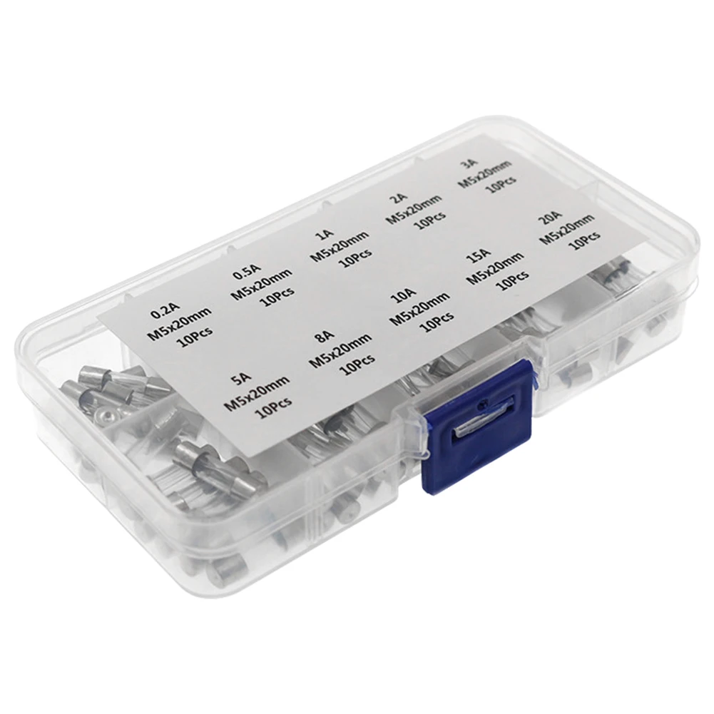 100Pcs Glass Tube Fuse Assorted Kit 5 * 20MM Fast-blow Glass Tube Fuse 250V Fast Acting Glass Fuse Packag in A Clear Plastic Box
