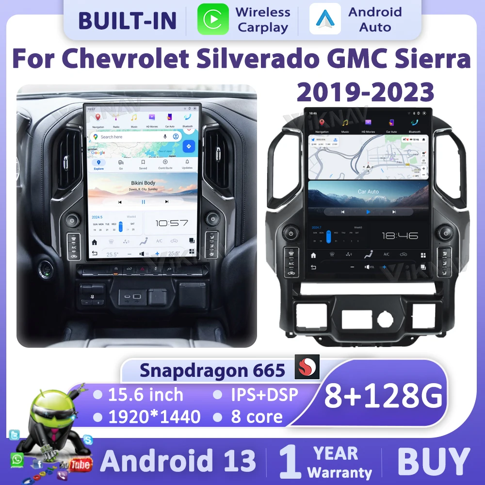 Viknav 15.6 "Autoradio Voor Chevrolet Silverado GMC Sierra 2019-2023 Upgrade Android13 Auto Carplay GPS Navigatie Tesla scherm