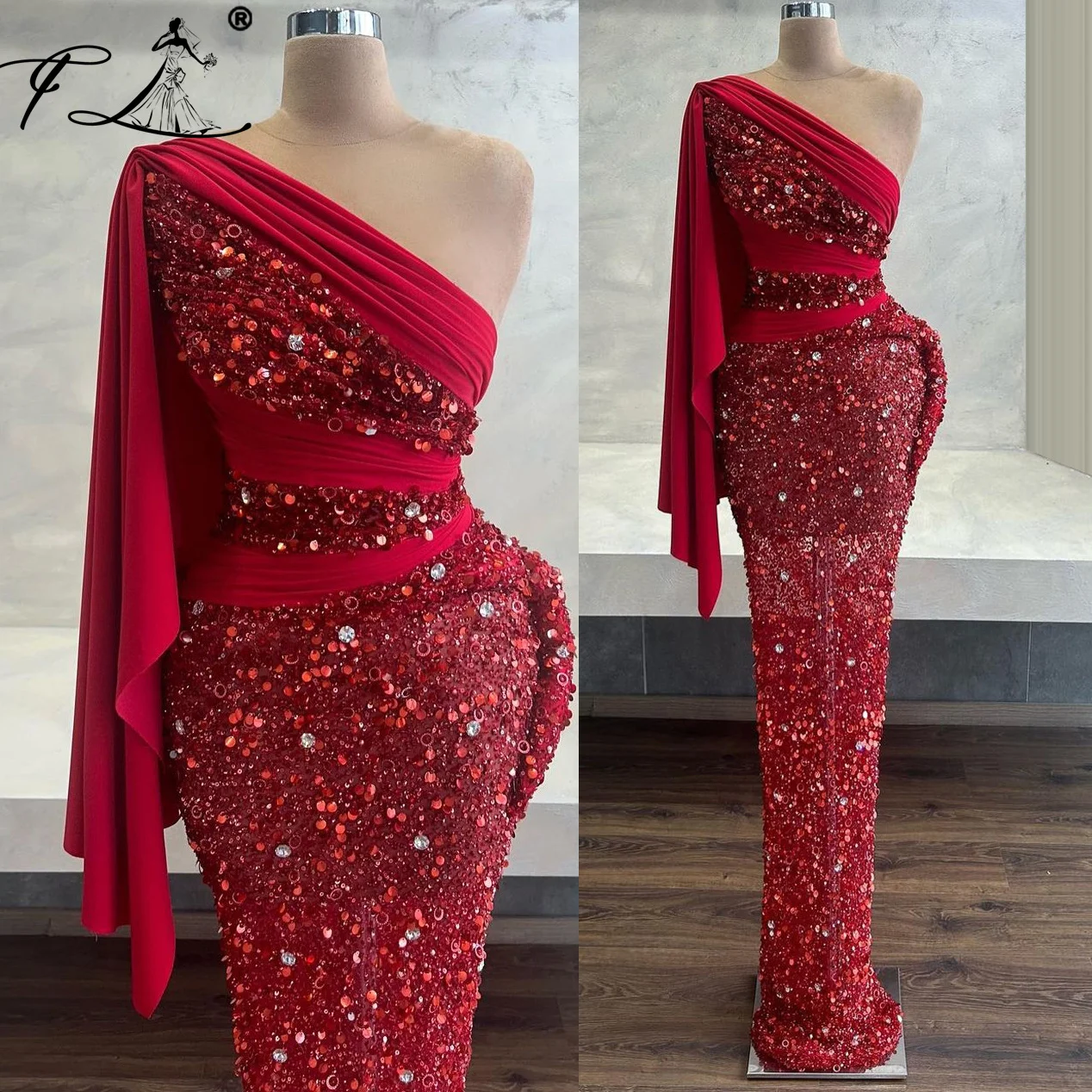 

2025 Red Sequined Evening Gown One Shoulder Sexy Mermaid Party Dress Formal Dress Prom Dresses Customized