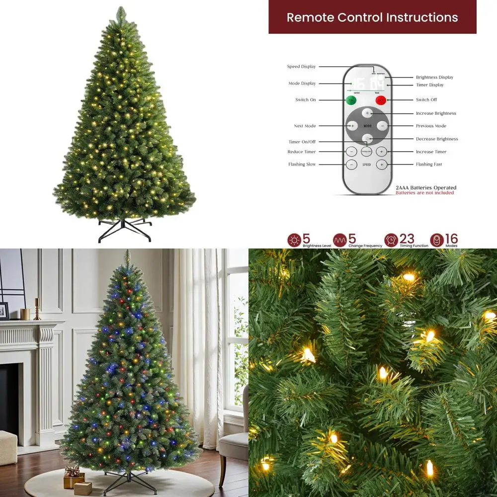 

6-Foot Pre-Lit Spruce Christmas Tree with Remote, 300 LED Multi-Color Lights, Artificial Hinged for Home Holiday Decor