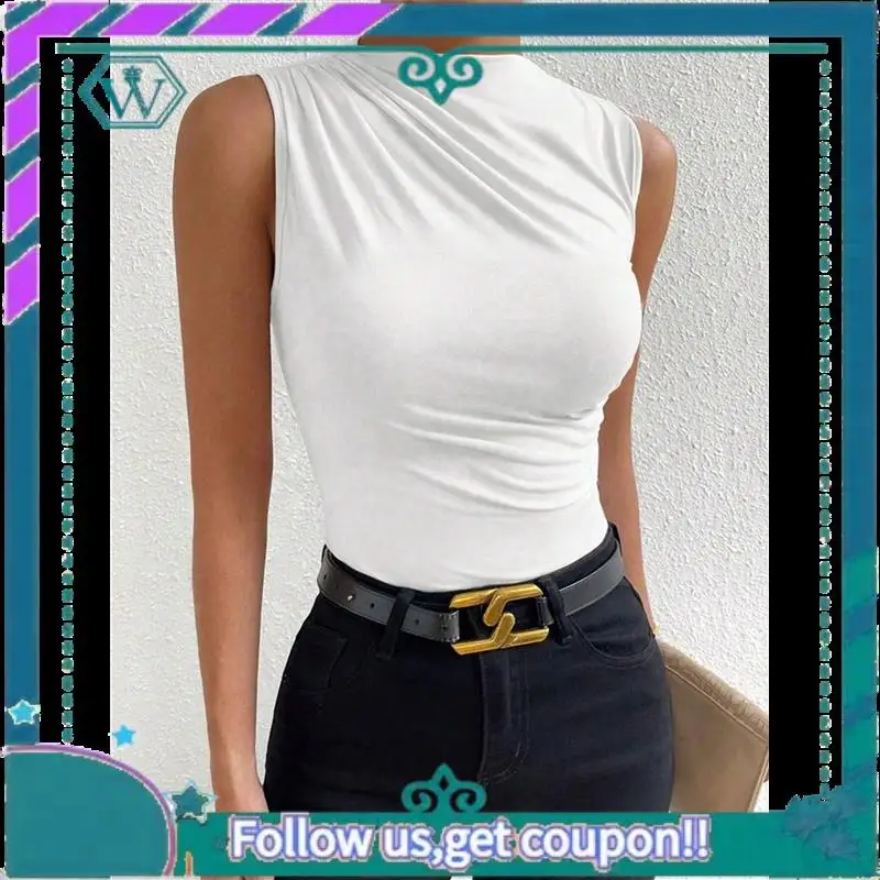 A09P Canottiera da lavoro slim fit senza maniche con scollo a lupetto increspato casual da donna