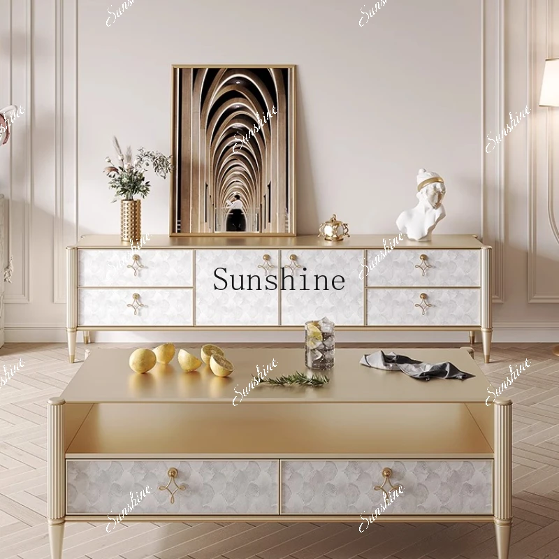 All solid wood shell TV cabinet floor-to-ceiling integrated living room home high-end light luxury simple multi-drawer  FT