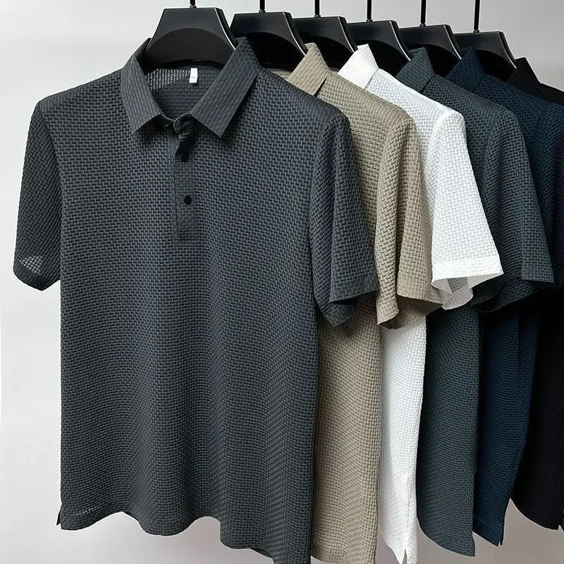 Men's Waffle Texture Polo Shirt Short Sleeve Lapel T-shirt Breathable Quick Dry Business Casual Summer Tops