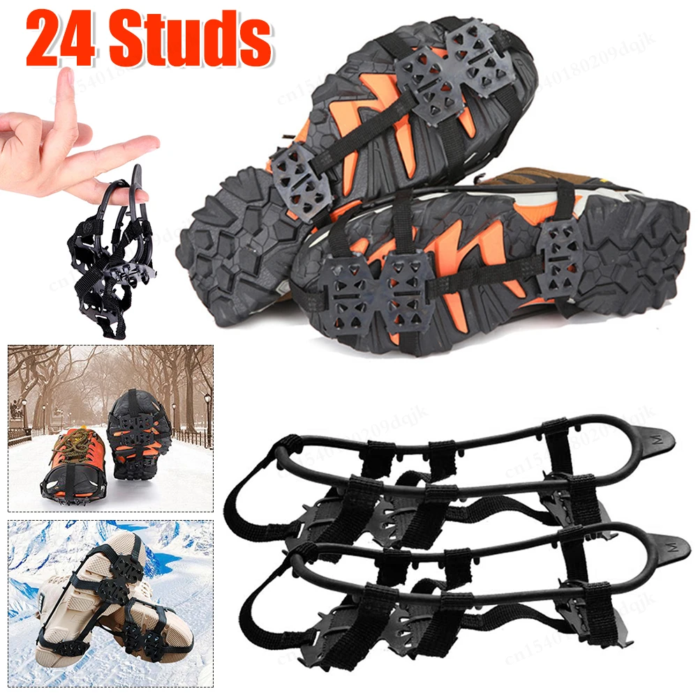 24 Studs Snow Ice Claw Anti-Slip Snow Ice Thermo Plastic Elastomer Climbing Shoes Spikes Grips Cleats Over Shoes Covers Crampons