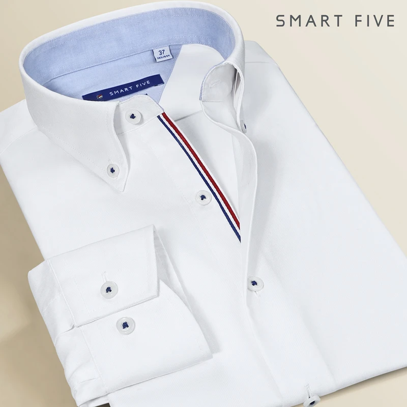

Men's 100% Cotton White Dress Shirt Long Sleeve Business Formal Office Shirt Smart Five Brand Breathable Slim Fit Top