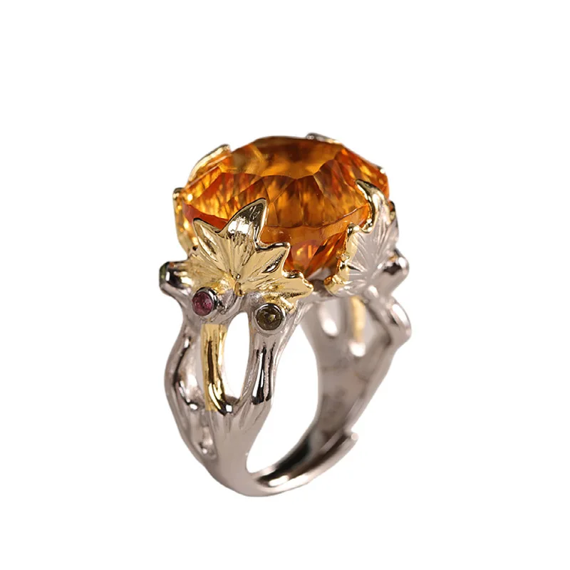 

Natural Beer Yellow Citrine Rings for Women Exaggerated 17MM Big Sparkly Cutting Crystals Ring Gilded 925 Silver Quartz Jewelry