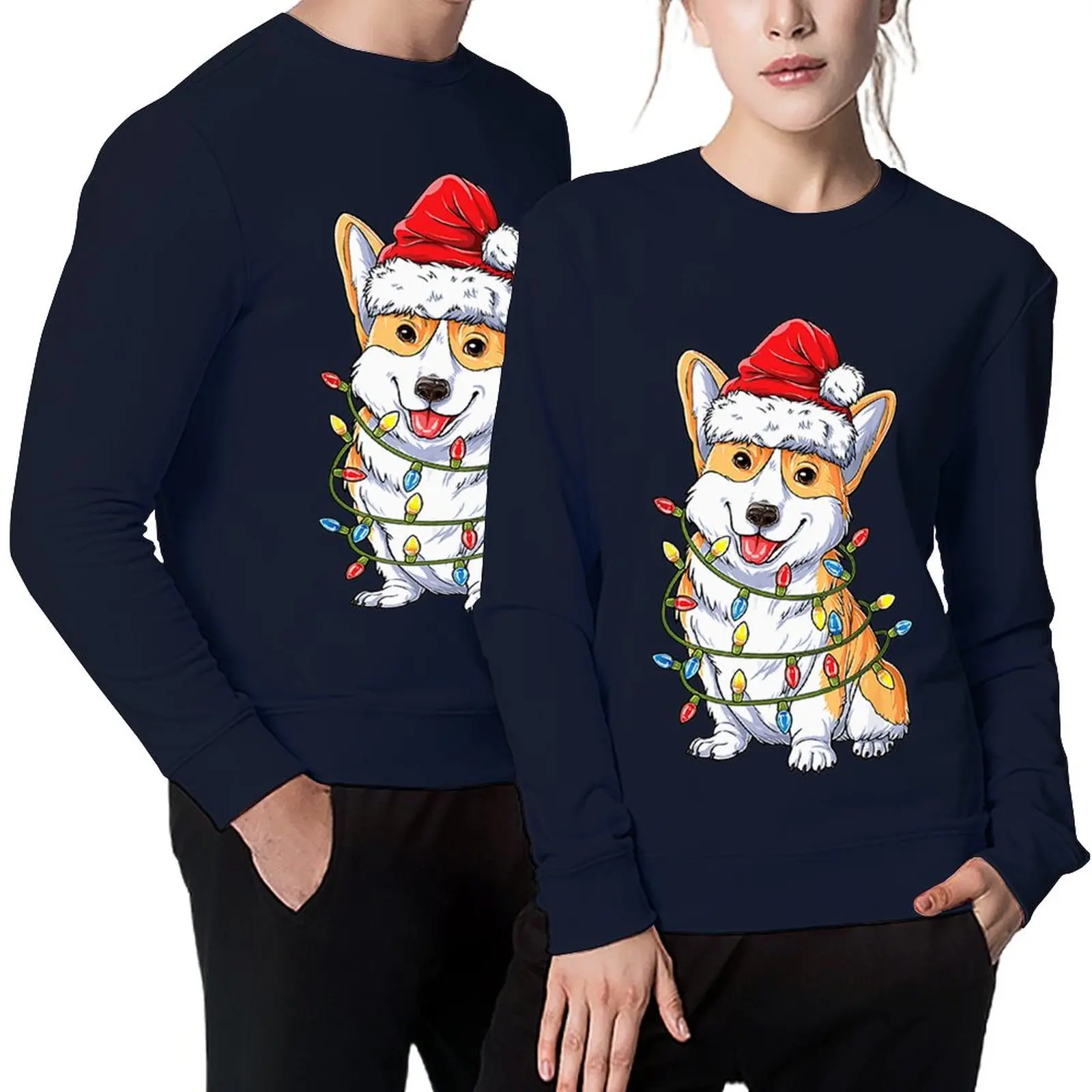 

Cotton Corgi Santa Christmas Tree Lights Xmas Gifts Men Casual Thickened Adult Fleece Crewneck Sweatshirt Pullover Hoodies Tops