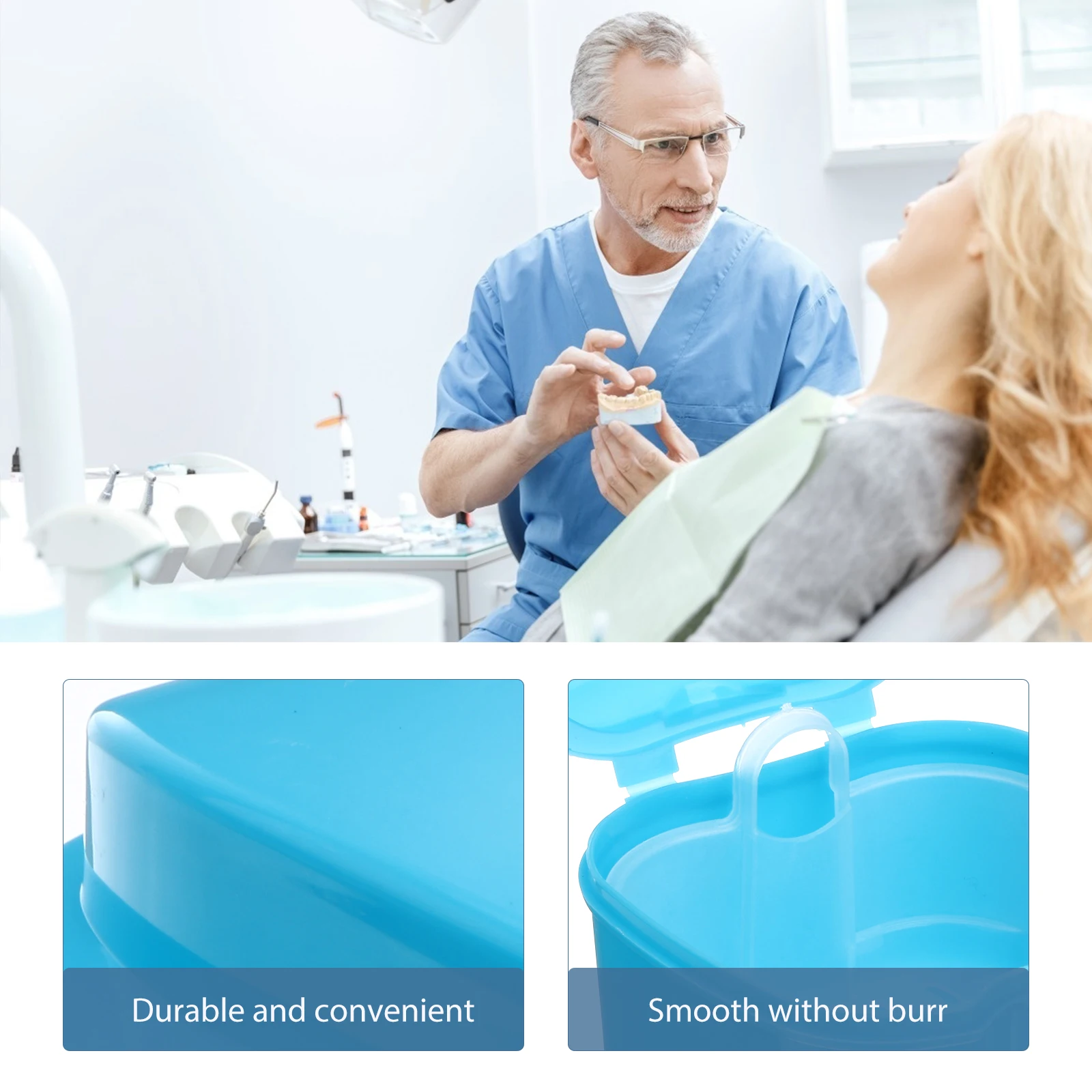 

European Design Denture Holder Case For Secure Denture Storage And Cleaning Portable Dental False Teeth Box Light Blue