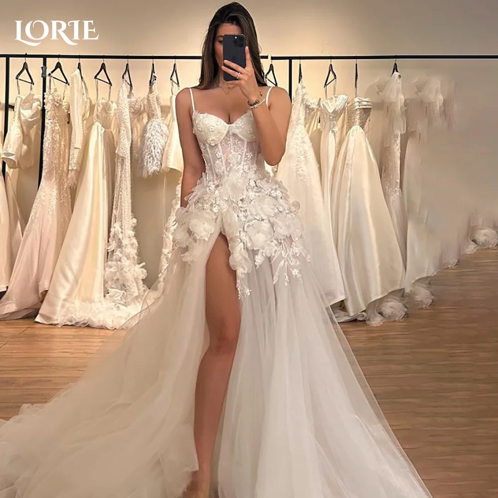 

LORIE Side Slit Wedding Dresses Appliques Lace 3D Flower Spaghetti StrapsTulle Princess Bride Gowns Customized vestidos de novia