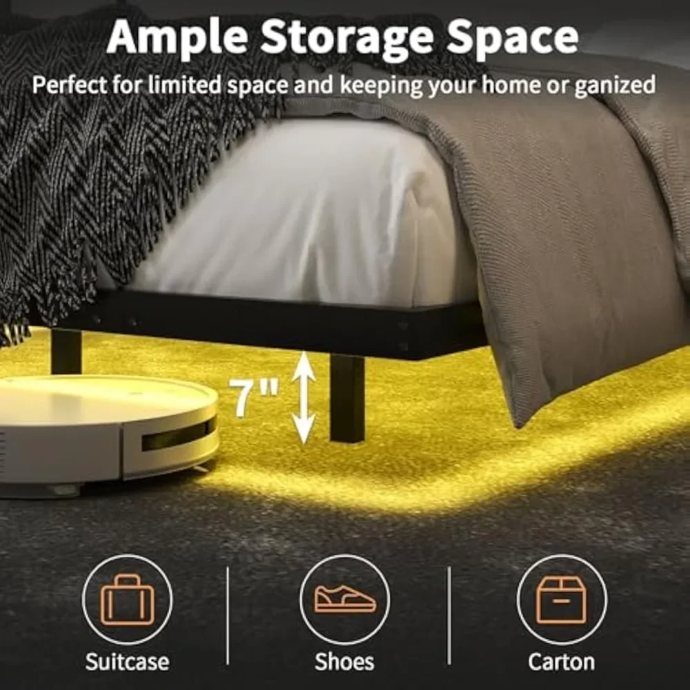 إطار سرير عائم بحجم كوين، سرير بمنصة معدنية حديثة مع أضواء LED، لا حاجة إلى صندوق زنبركي، سهل التجميع