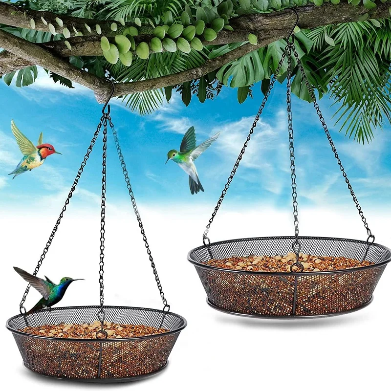 Hanging Bird Feeder Tray with Strong Double-Loop Hanging Chains | Durable Steel Hanging Platform Bird Feeder Dish 7.9 inch (Dia)