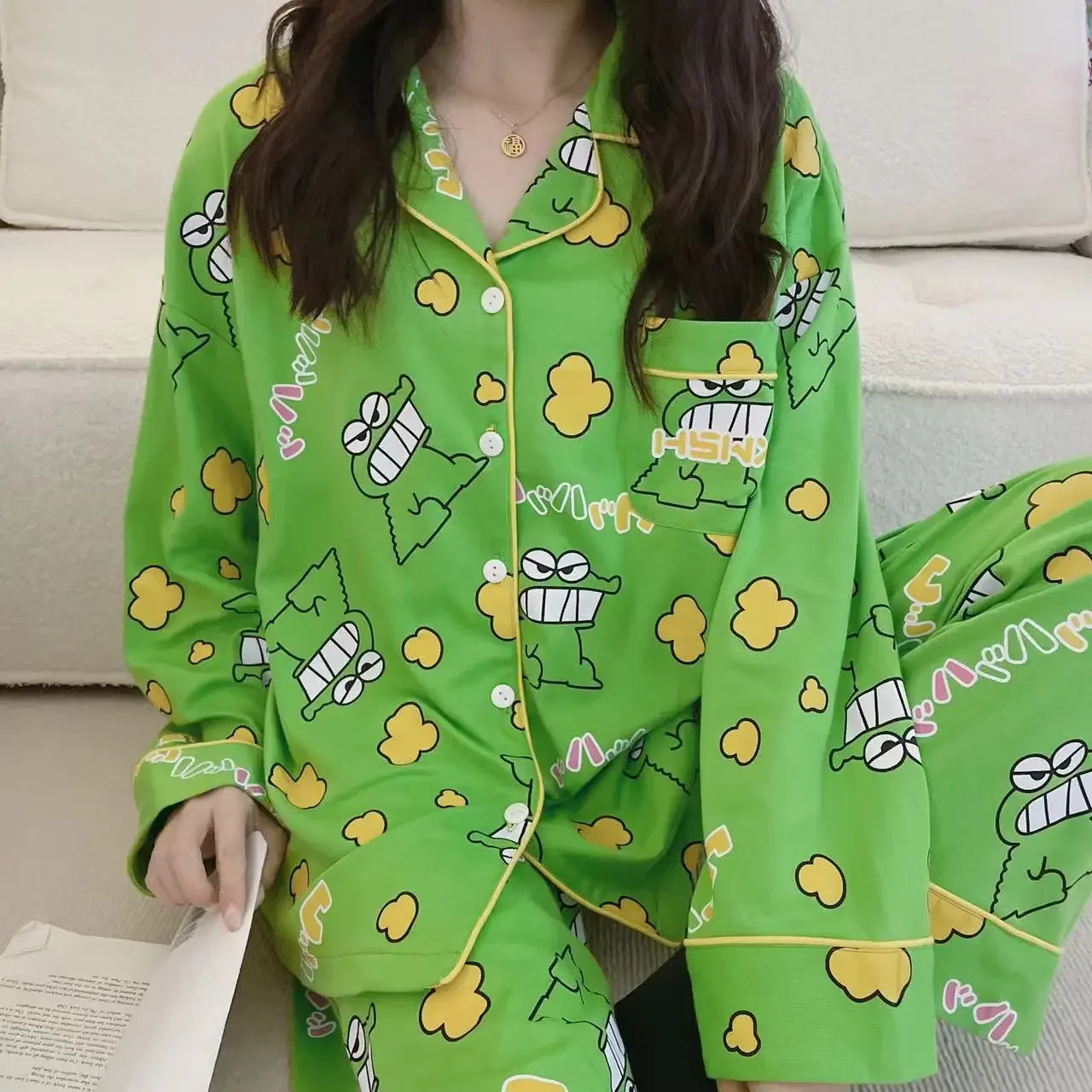 Long Sleeve Ladies Pajamas Comfortable Women Spring Autumn Pajama Sets Printed Green Sleepwear Pyjamas Young Girl Style Clothes