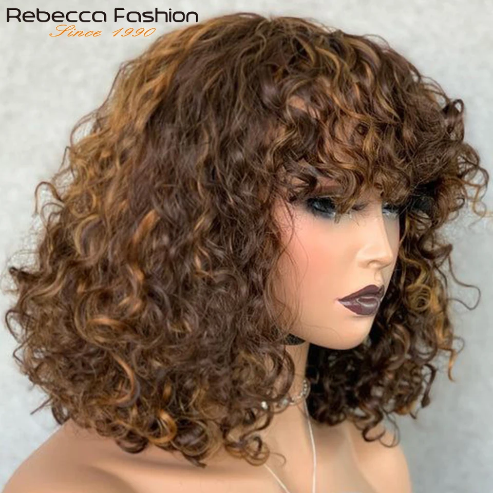 

Rebecca Highlight Curly With Bangs Human Hair Kinky Curly Wigs For Black Women Brazilian Remy Hair Wigs Jerry Curly Wigs