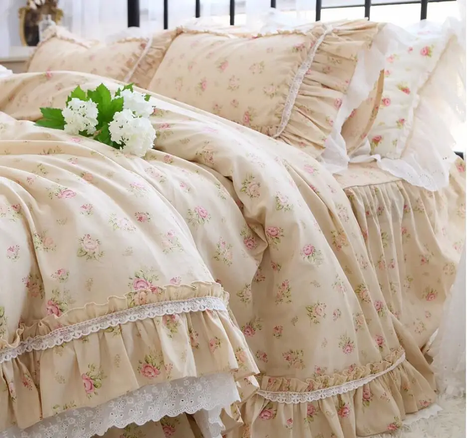 High End American Floral Bedding Set Luxury Egyptian Cotton Elegant Ruffle Lace Duvet Cover Bed Skirt Bedspread Pillowcases