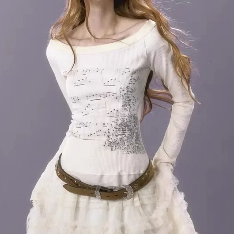 Damen Langarm Top Baumwolle T-Shirts Musik Partitur Print Y2k Tops Grafik T-Shirt Trend Slim T-Shirts für Frau Fee Kleidung E-Girl