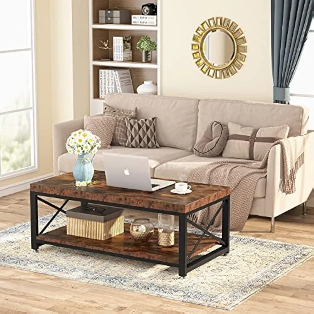 Industrial Coffee Table with Storage Shelf for Living Room, 2 Tier Rectangular Medium Table Coffee Table, Easy to Assemble