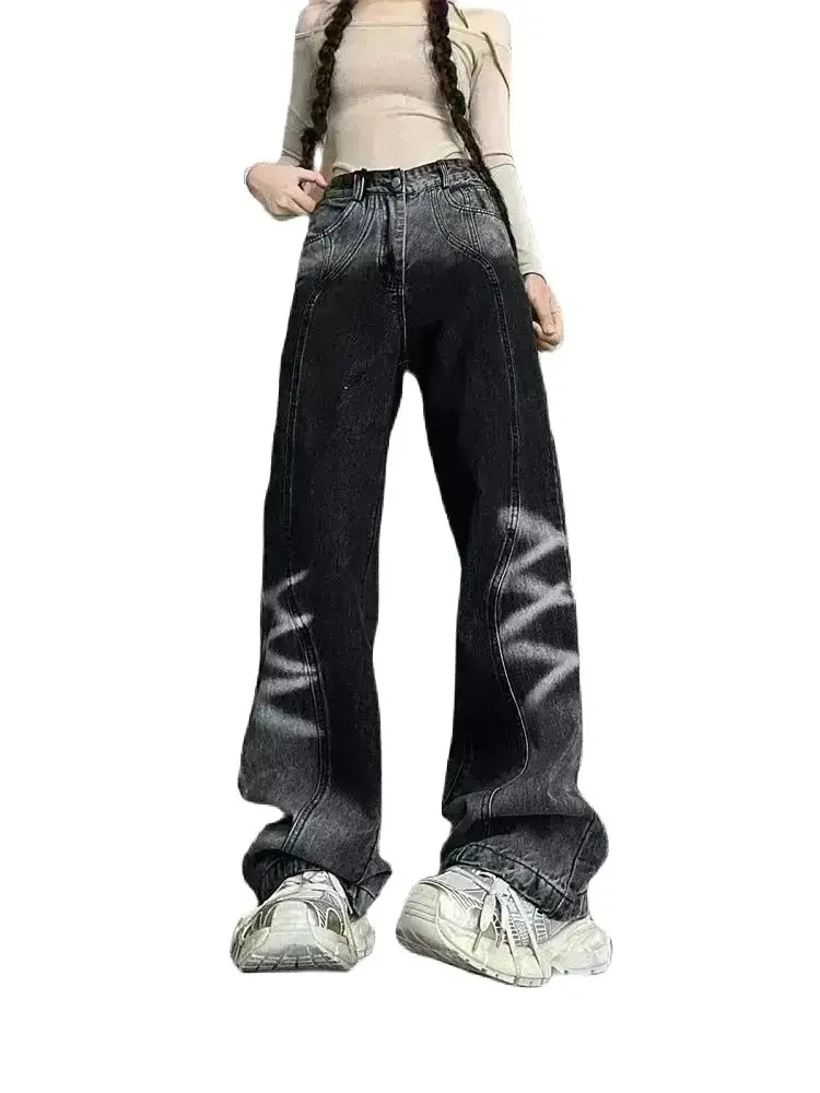 

2023 American Street Retro Y2K Polo Neck Design Contrast Color Fashion Jeans Women's Straight Tube Loose Wide Leg Denim Pants