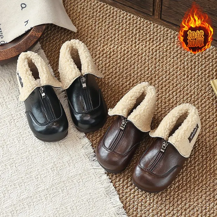 2026 Girls Boots Winter Warm Fur Shoes Kids Ankle Leather Boots For Girl 1-6 Years Children Anti-slip Snow Boots Brown, Black