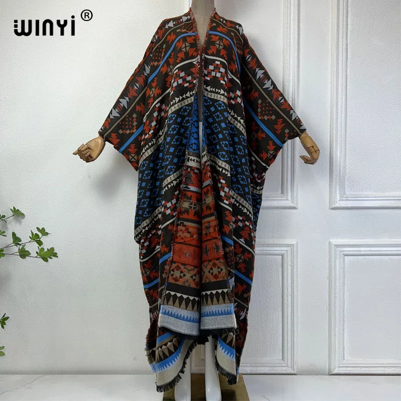 WINYI 2024 winter cardigan Africa print women loose jacket Warm kimono long down coat Middle East fashion abaya holiday dress