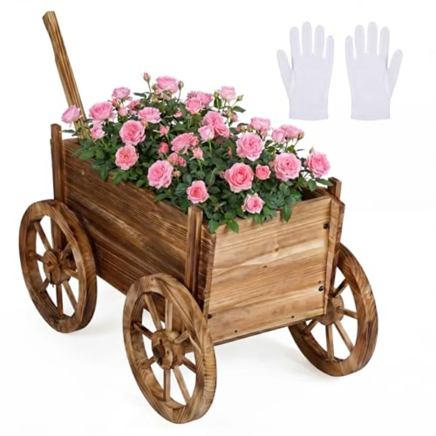 

Wood Wagon Planter Rustic Rolling Flower Pot Stand with Wheels Handle Drainage Hole for Growing Vegetables Herbs Indoor Outdoor