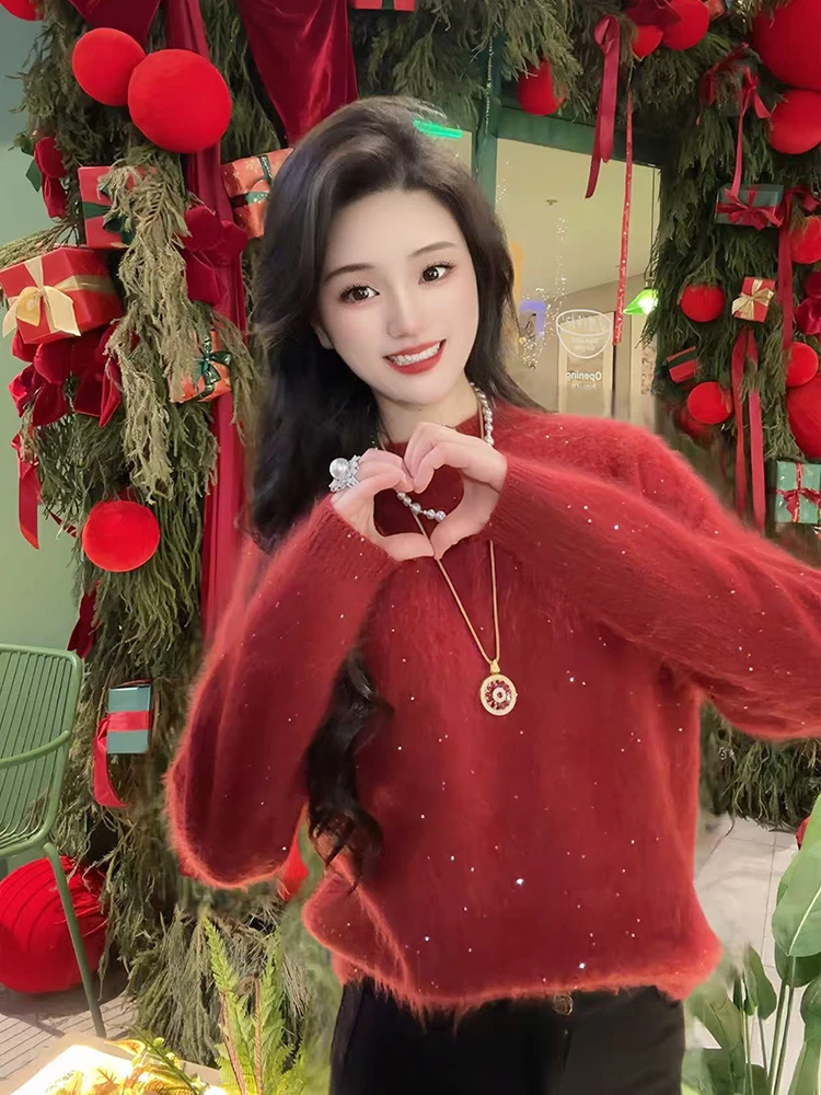 

Красный шерстяной вязаный свитер женский зимний модный, с флисовой подкладкой, повседневный, свободного кроя, удобный, с длинными рукавами, круглым вырезом