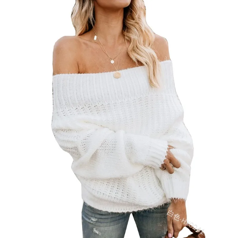 Autumn Winter Sexy Off Shoulder Long Sleeve Knitwear Y2K INS Clothing Streetwear Elegant Loose Knitted Pullover Sweater Top