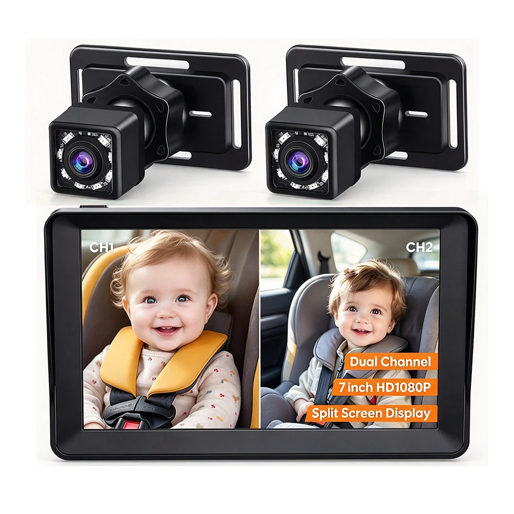 Dual Lens Baby Car Camera 7 Inch 1080P AHD Wide Angle 360° Rotating Back Seat Monitor Night Vision Plug and Play for 2 Kids