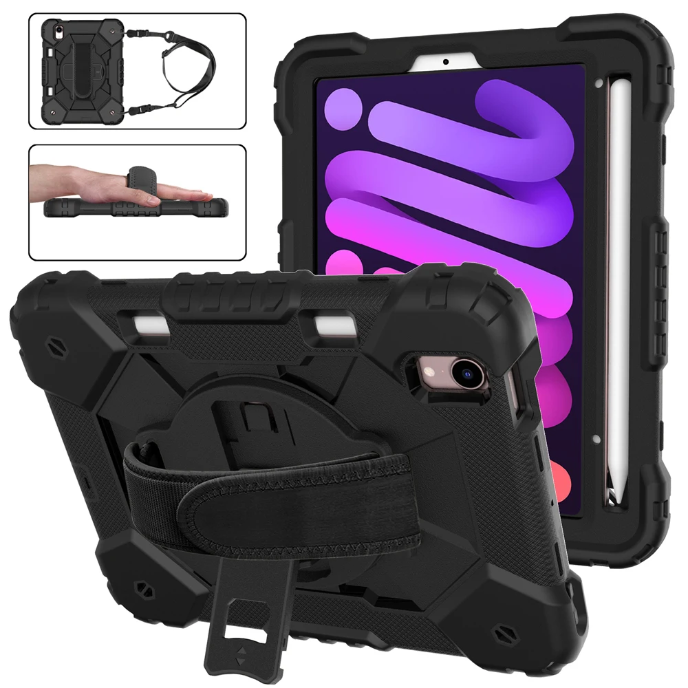 

For iPad Mini 6 Case Shockproof Rugged Cover with Pencil Holder Kickstand Hand Shoulder Strap for iPad Mini 6 8.3 2021 Kids Case