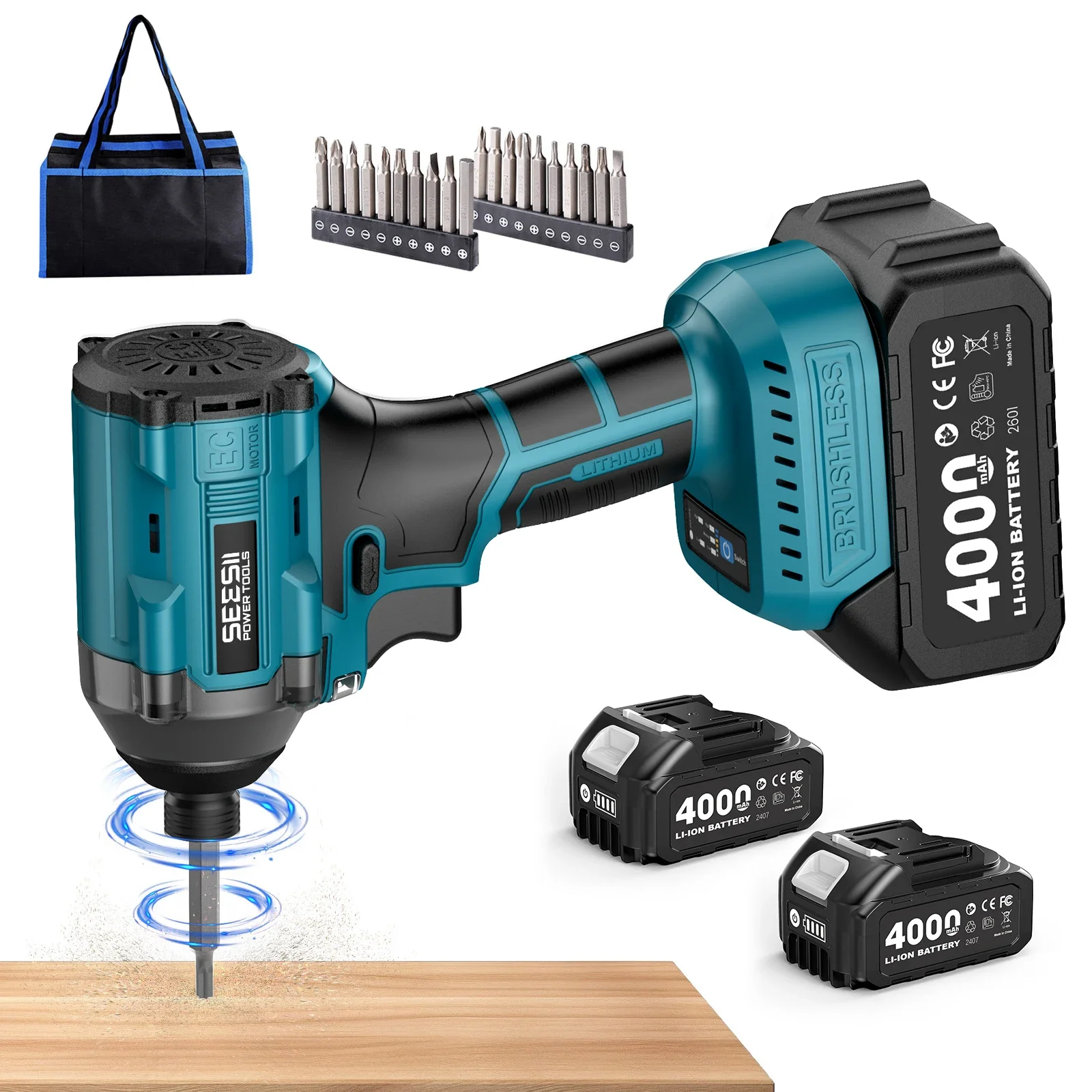 Seesii Electric Screwdriver 180N.m Wireless Brushless Impact Drill Electric Impact Driver Kit for Makita 21V Max With 2*2.0Ah Batteries - view 2