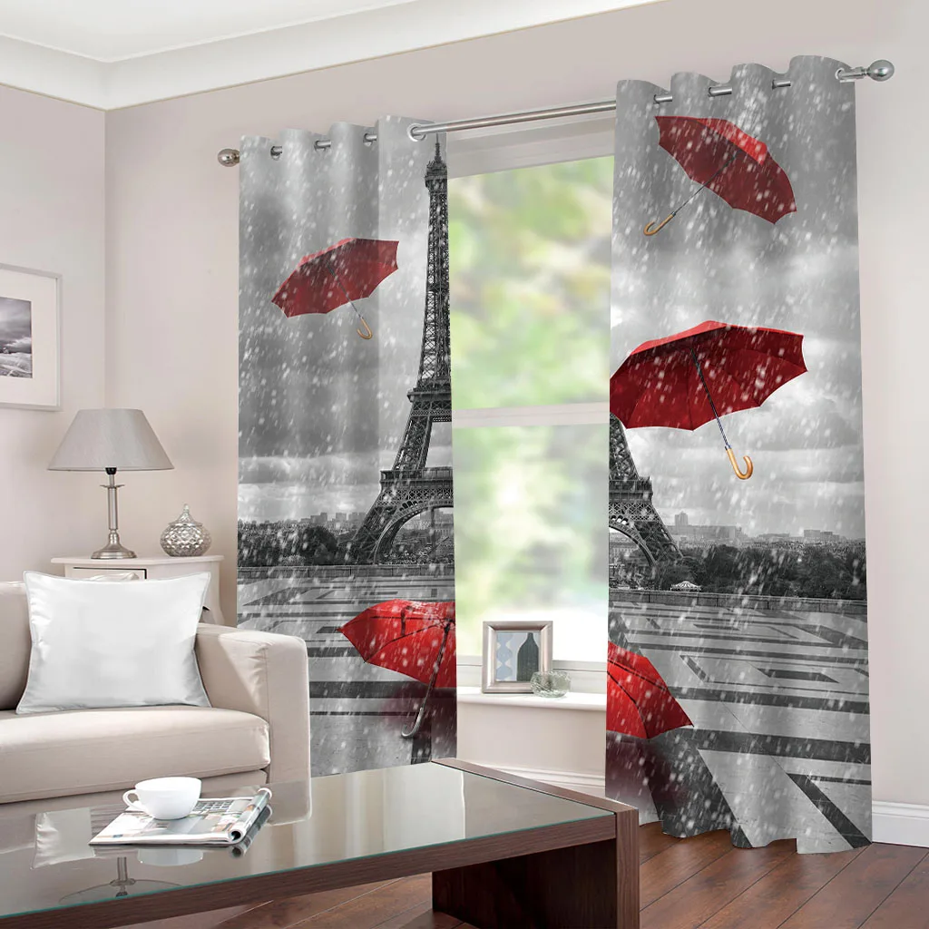 Customized Curtains For Living Room 2 Pieces Paris Tower Red Umbrella Print Digital Printing Home Luxury Bedroom Window Decorat