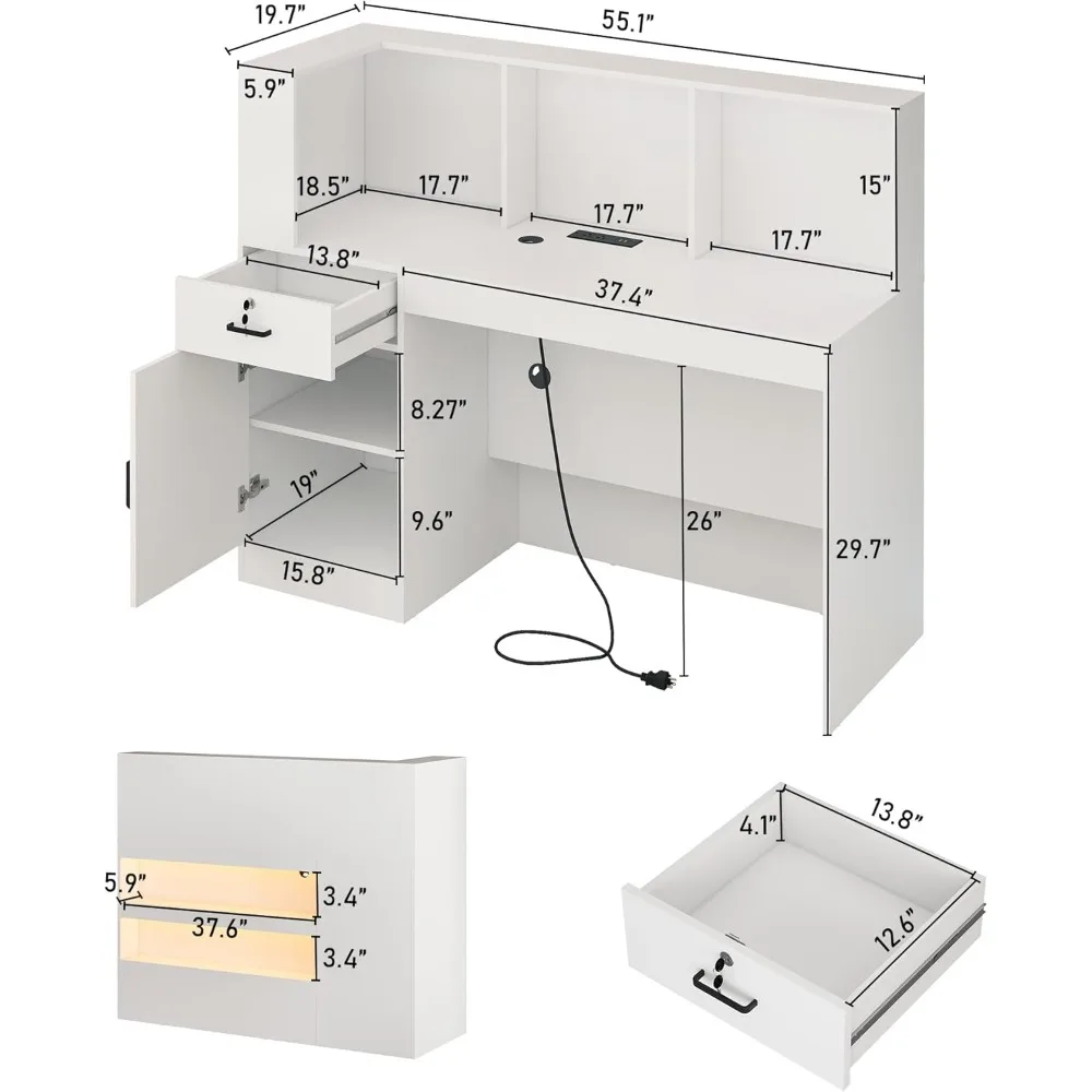 مكتب استقبال مع منافذ طاقة أضواء LED، طاولة غرفة استقبال حديثة على شكل حرف L مع حلقة كابل، سحب قابل للقفل #2